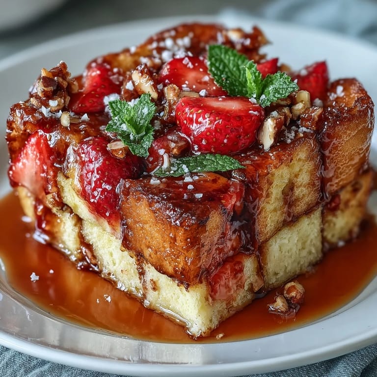 This strawberry French toast bake features layers of soft bread, ripe berries, and creamy custard, topped with crunchy almonds and sugar for texture.