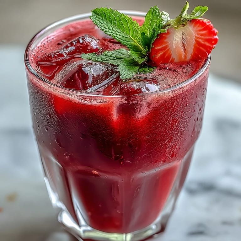 Refreshing fruity beverage featuring ripe strawberries and açaí, blended with ice and served with a lemon slice for a bright, energizing sip.