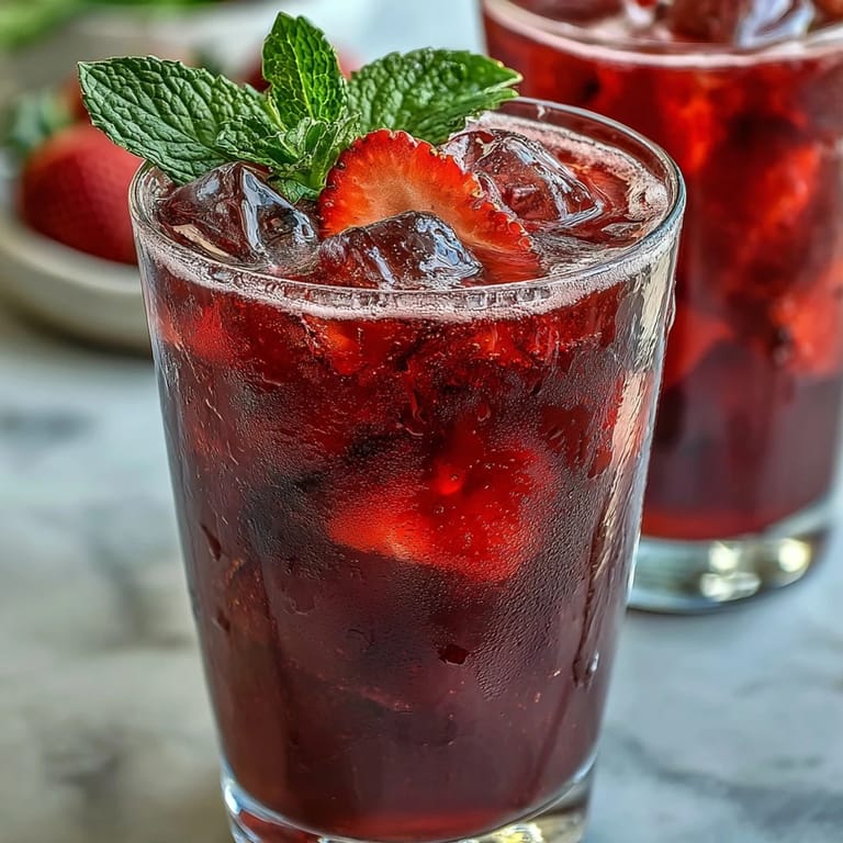 Bright red Strawberry Açaí Refresher with green coffee extract, served over ice and garnished with fresh mint for a cool, revitalizing treat.