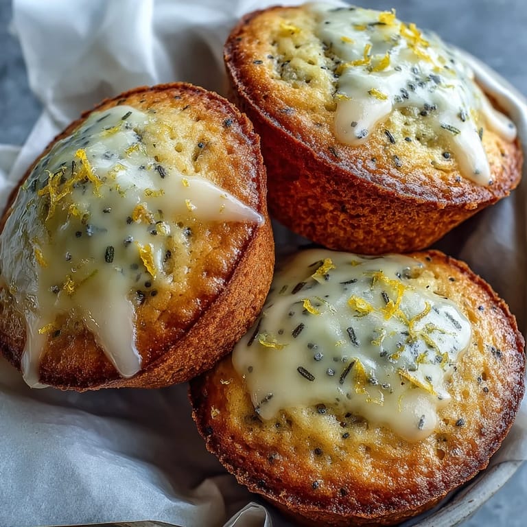 Zesty lemon muffins topped with a tangy lemon glaze, dotted with poppy seeds for texture, and served on a rustic white plate for a bright morning treat.