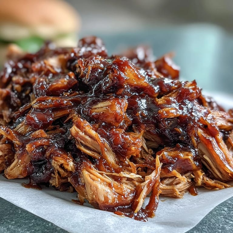 Slow-cooked honey peach BBQ pulled pork, bursting with juicy peaches and rich sauce, ideal for sliders or main dish plates.