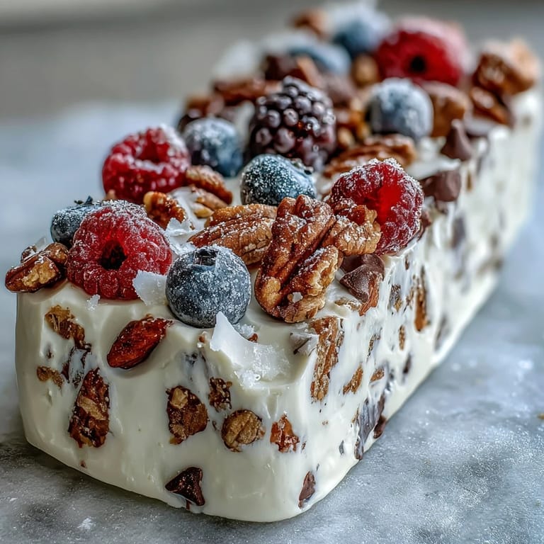 Creamy frozen yogurt bark topped with fresh berries and crunchy granola, a refreshing and nutritious treat.
