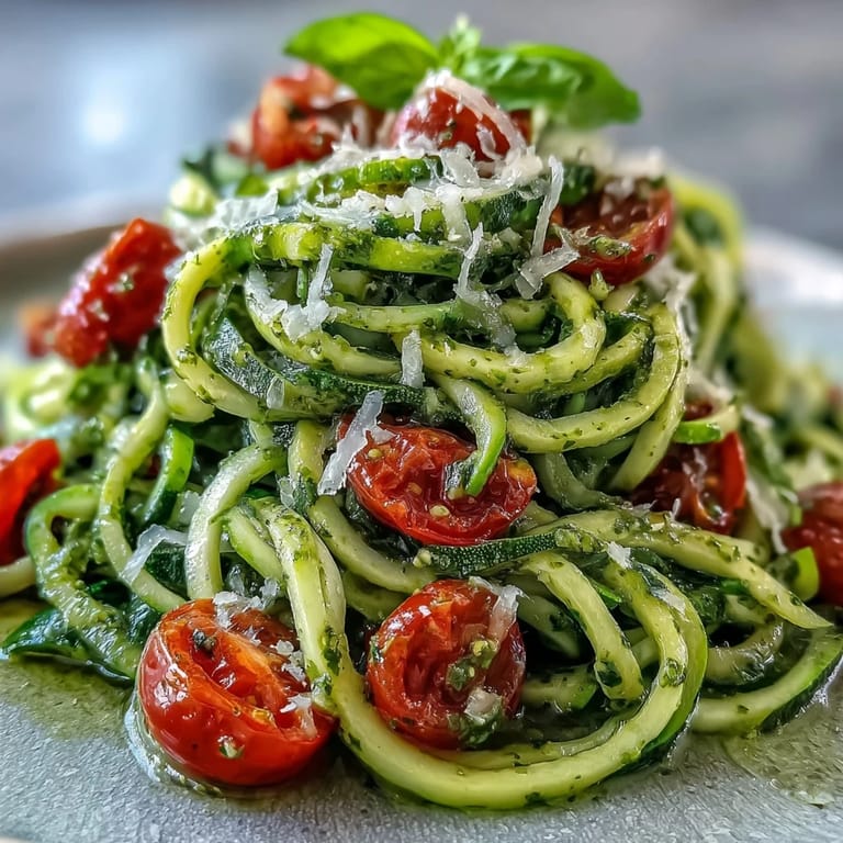 Vibrant zucchini noodles coated in creamy pesto and bursting cherry tomatoes for a fresh, healthy dinner.  