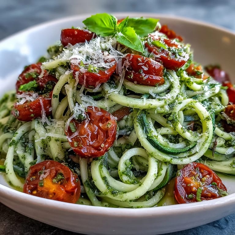 Healthy zucchini noodles with rich basil pesto and sweet cherry tomatoes for a quick, satisfying vegetarian dish.