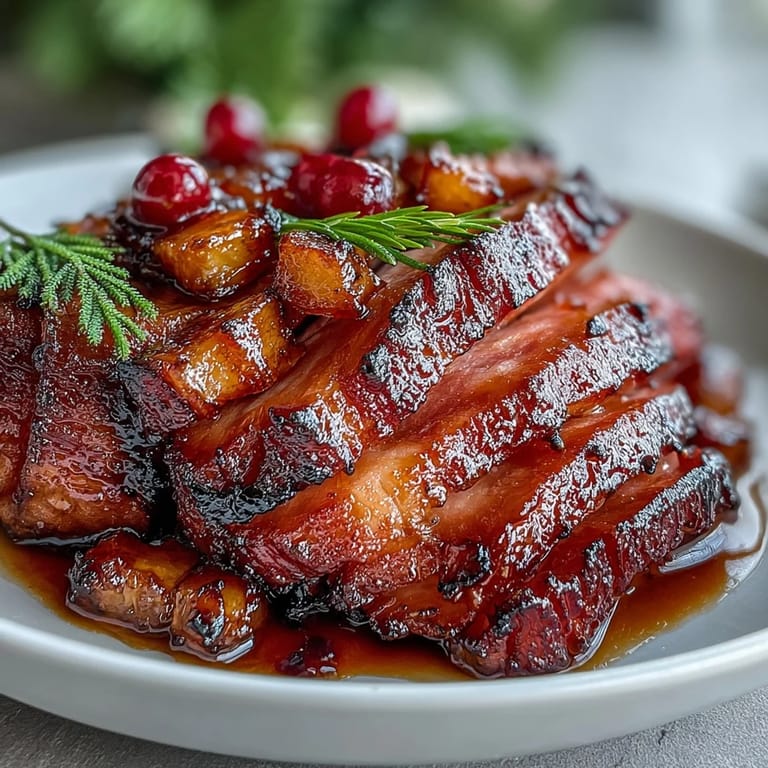 A beautifully baked ham glazed with honey and brown sugar, adorned with pineapple slices and cherries for a classic Easter dinner centerpiece.