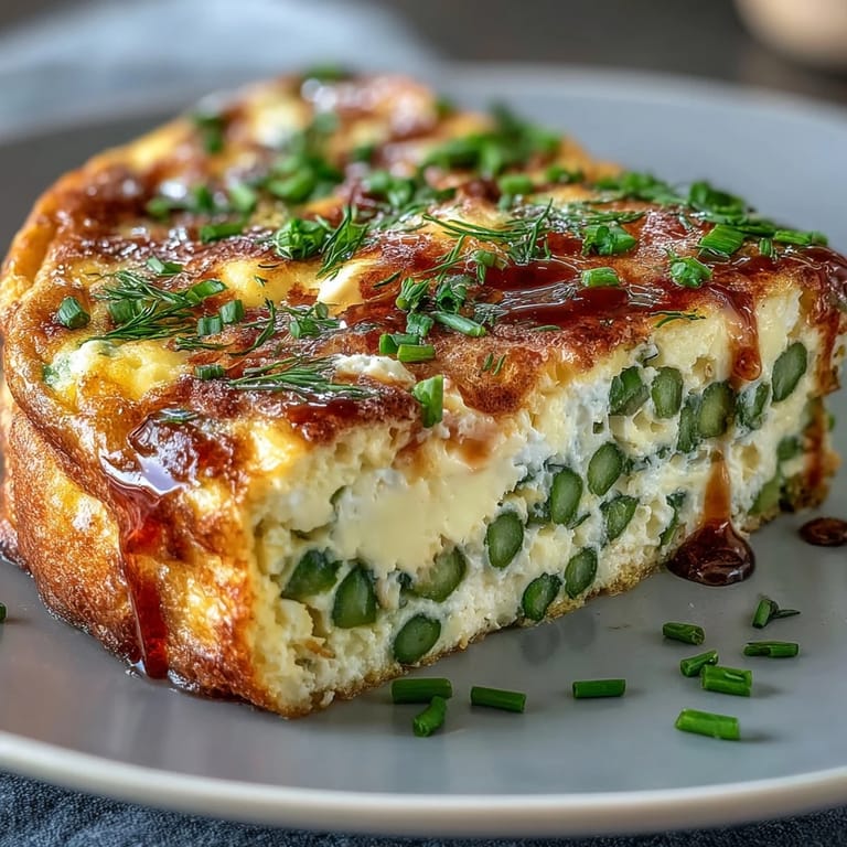 Colorful Spring Frittata with Asparagus, Peas and Goat Cheese - golden, herb-scented eggs baked with bright green vegetables and tangy goat cheese.