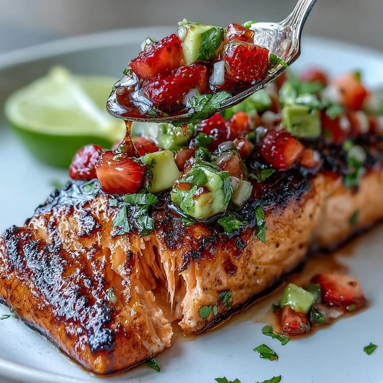 Perfectly cooked grilled salmon topped with a fresh strawberry avocado salsa, a satisfying meal.