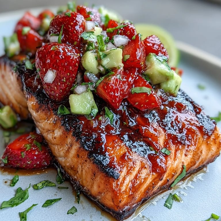Delicious grilled salmon featuring a bright, colorful strawberry avocado salsa, ideal for entertaining.