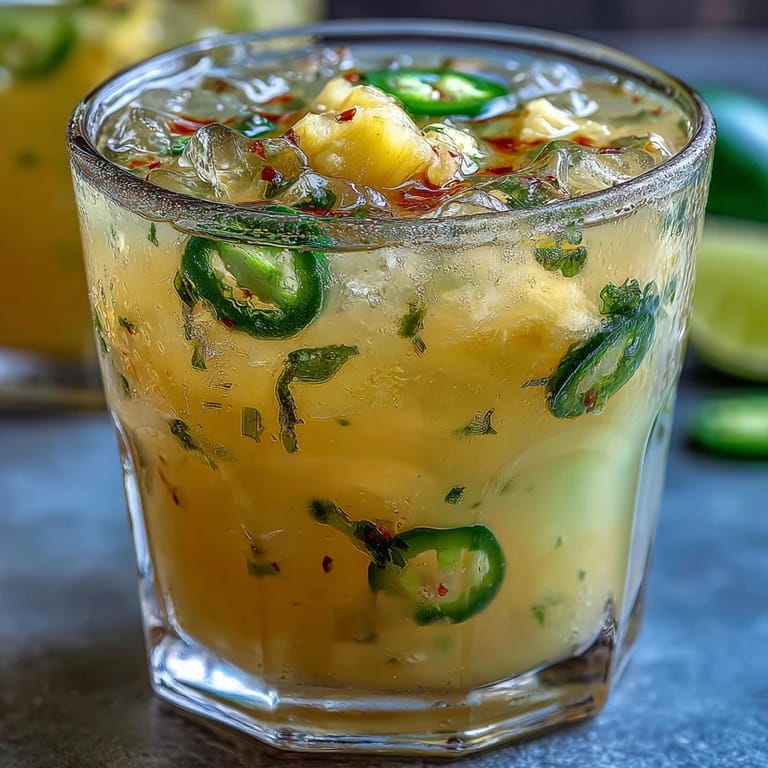 Close-up of a glass of chilled Pineapple Jalapeño Agua Fresca with a tropical twist.