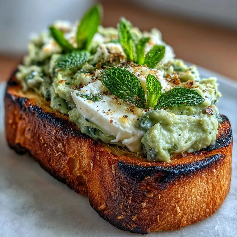 Creamy fava bean and mint topping piled high on toasted sourdough bread slices.