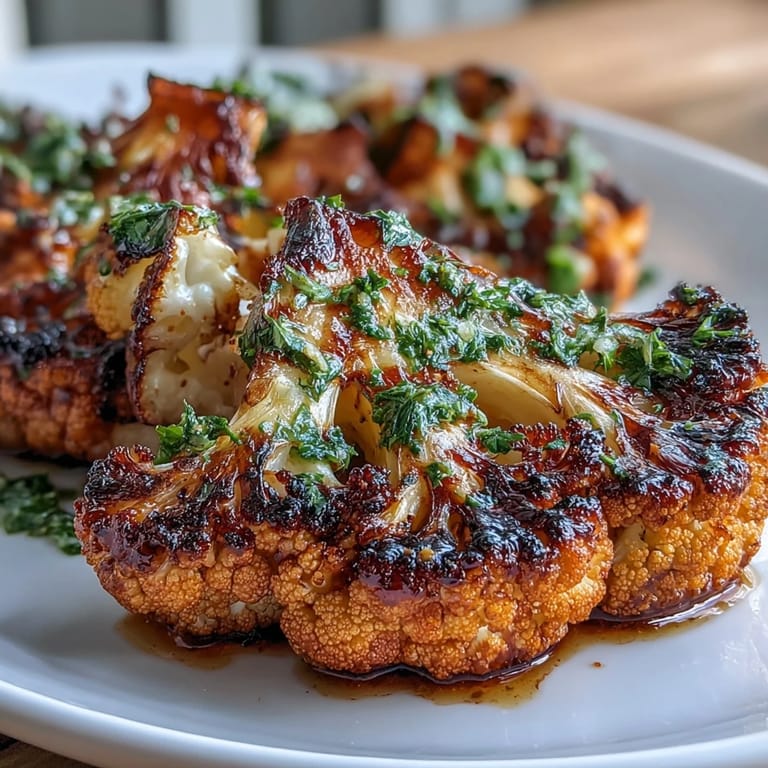 Generously drizzled BBQ Cauliflower Steaks, topped with fresh, zesty chimichurri sauce.