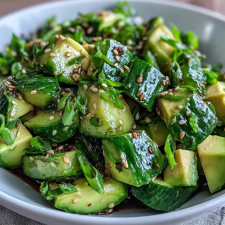 Fresh smashed cucumber avocado salad dish glistening with sesame oil dressing.