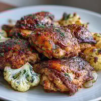 Roasted cauliflower chicken sheet pan with golden chicken and tender vegetables.