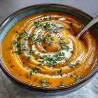 Vibrant Carrot Ginger Soup: smooth, orange, garnished with fresh herbs and cream.