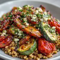 Farro with roasted vegetables, a vibrant, healthy side dish with tender caramelized veggies.