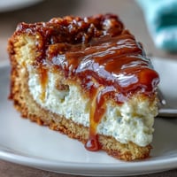 Golden slices of Caramel Cream Cheese Bread show a moist crumb, creamy cheesecake swirl, and glossy caramel drizzle on a white plate.