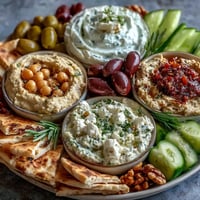 Mediterranean Brunch Board with Dips and Flatbreads, with creamy hummus and smoky baba ganoush ready for dipping crisp veggies.