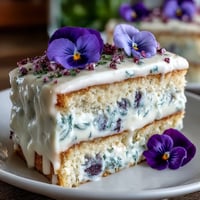 Spring Cake with Pressed Edible Flowers: delicate vanilla cake frosted with whipped cream and adorned with vibrant edible blossoms.