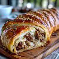 Golden puff pastry-wrapped cocktail sausages served with tangy mustard dip, perfect for game day snacking.