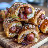 Golden crescent roll dough wrapped around mini hot dogs, baked until flaky and golden for the perfect game-day appetizer.