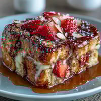 Spring brunch strawberry French toast bake with golden brioche and juicy berries, baked to perfection for a sweet, comforting breakfast.