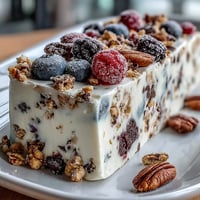 Frozen yogurt bark with berries and granola, a colorful, healthy snack perfect for hot summer days.