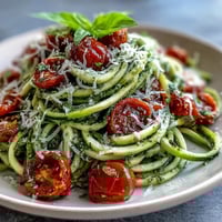 Fresh zucchini noodles tossed in vibrant basil pesto with juicy cherry tomatoes for a light, healthy meal.  