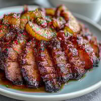 Honey glazed ham with pineapple rings and cherries on a festive holiday platter, surrounded by fresh herbs and seasonal decor.