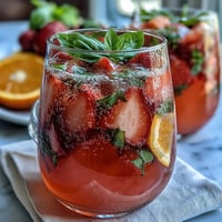 Refreshing strawberry basil sangria mocktail with juicy berries, citrus slices, and aromatic basil leaves in a pitcher.