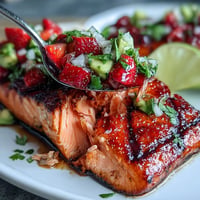 Juicy grilled salmon showered with vibrant strawberry avocado salsa, perfect for summer dining.